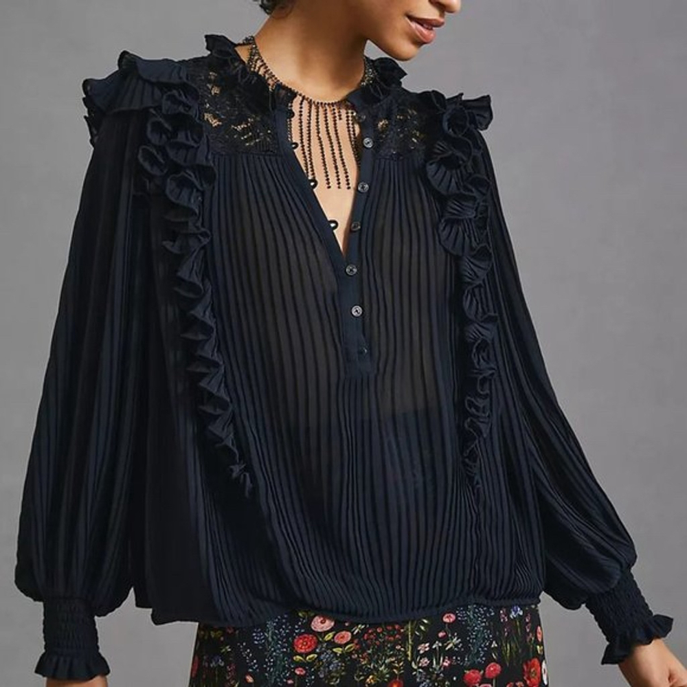 Anthropologie Pleated Ruffled Blouse Size S - Black Lace & Ruffles LIKE NEW - Picture 1 of 7